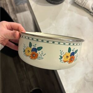 Vintage Floral Enamel Bowl with Silver Rim